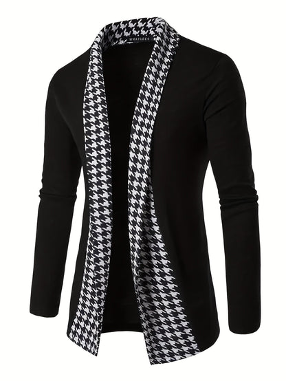 Herren Cardigan Schwarz mit Hahnentritt-Muster Offene Vorderseite