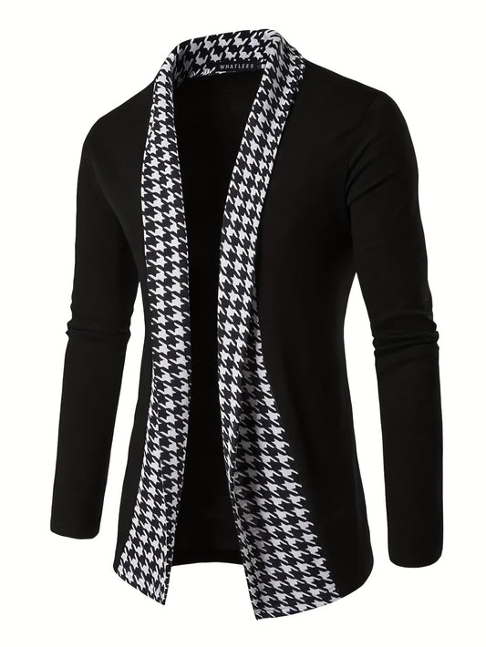 Herren Cardigan Schwarz mit Hahnentritt-Muster Offene Vorderseite