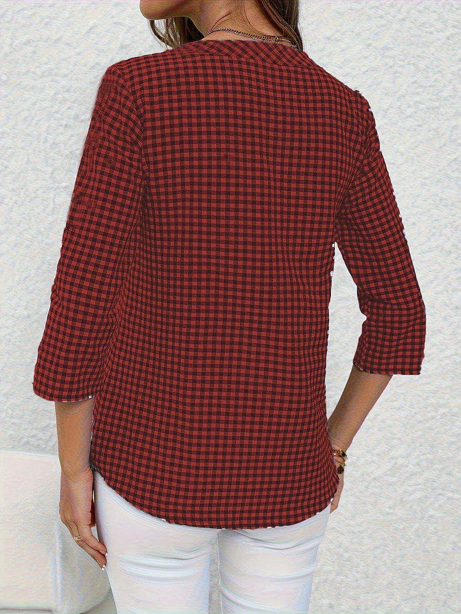 Damen Casual Karo Bluse mit Knopfleiste und 3/4-Ärmeln – Perfekt für Alltag & Freizeit