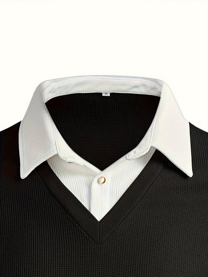 Herren V-Ausschnitt Langarmshirt Schwarz mit Kragenoptik