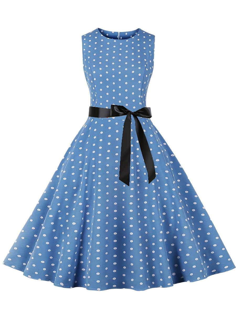 Damen Vintage Rockabilly Polka Dots Kleid mit Schleifen-Gürtel, Elegant, Ärmelos, Festlich & Alltag