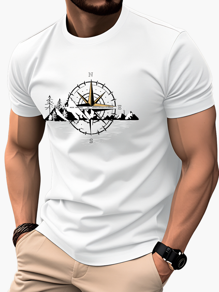 Herren T-Shirt mit Kompass- und Bergmotiv – Outdoor Abenteuer Stil