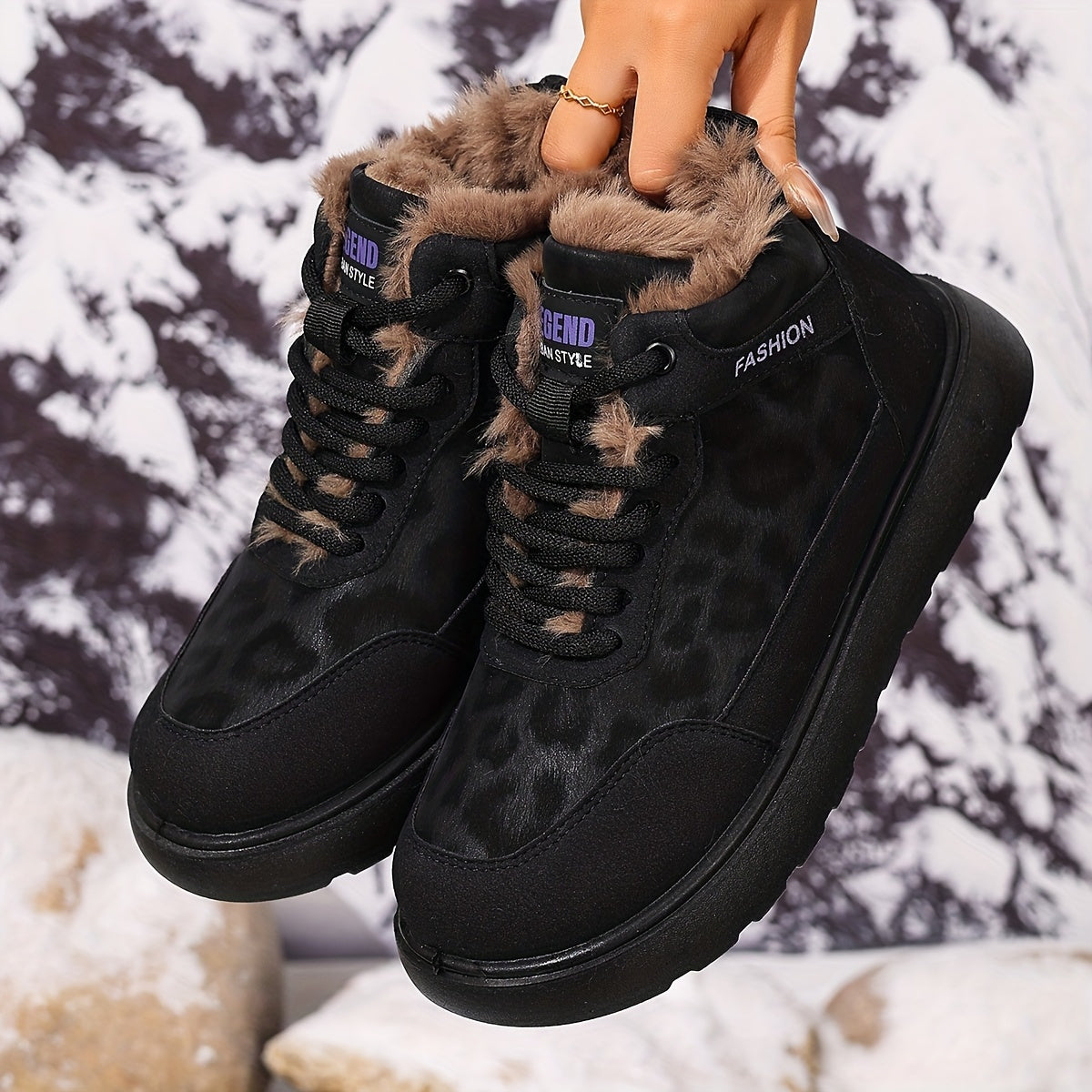 Damen Winter Stiefelette gefüttert mit Leopardenmuster, Schnürung und dicker Sohle