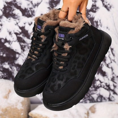 Damen Winter Stiefelette gefüttert mit Leopardenmuster, Schnürung und dicker Sohle