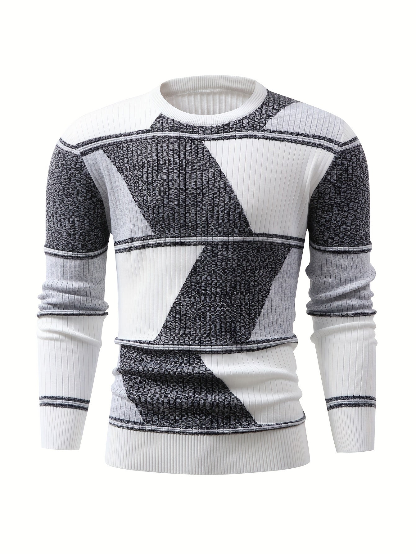 Herren Rippstrick Pullover Rundhals Langarm Modernes Design Weiß Schwarz