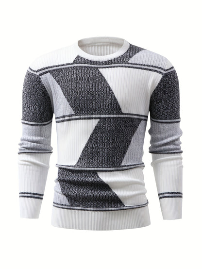 Herren Rippstrick Pullover Rundhals Langarm Modernes Design Weiß Schwarz