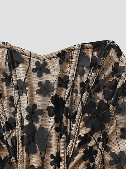 Damen Korsagen-Top mit 3D-Blumenstickerei und Herzausschnitt – Eleganter Party- und Abend-Look