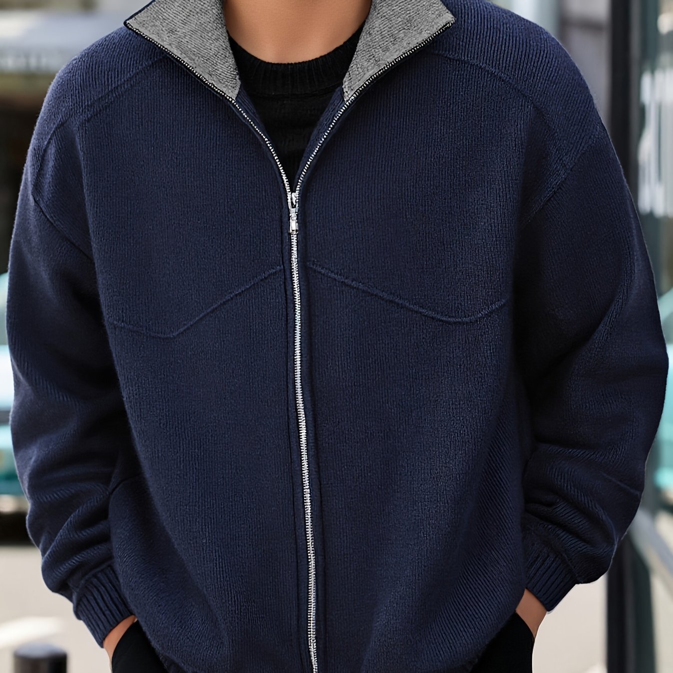 Herren Strickjacke Reißverschluss Stehkragen Dunkelgrau