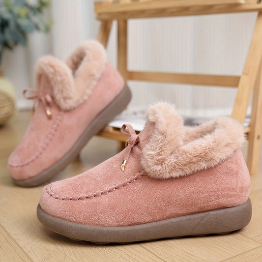 Damen Hausschuhe Rosa mit Kunstfellfutter & Schleife, Bequeme Winter Pantoffeln