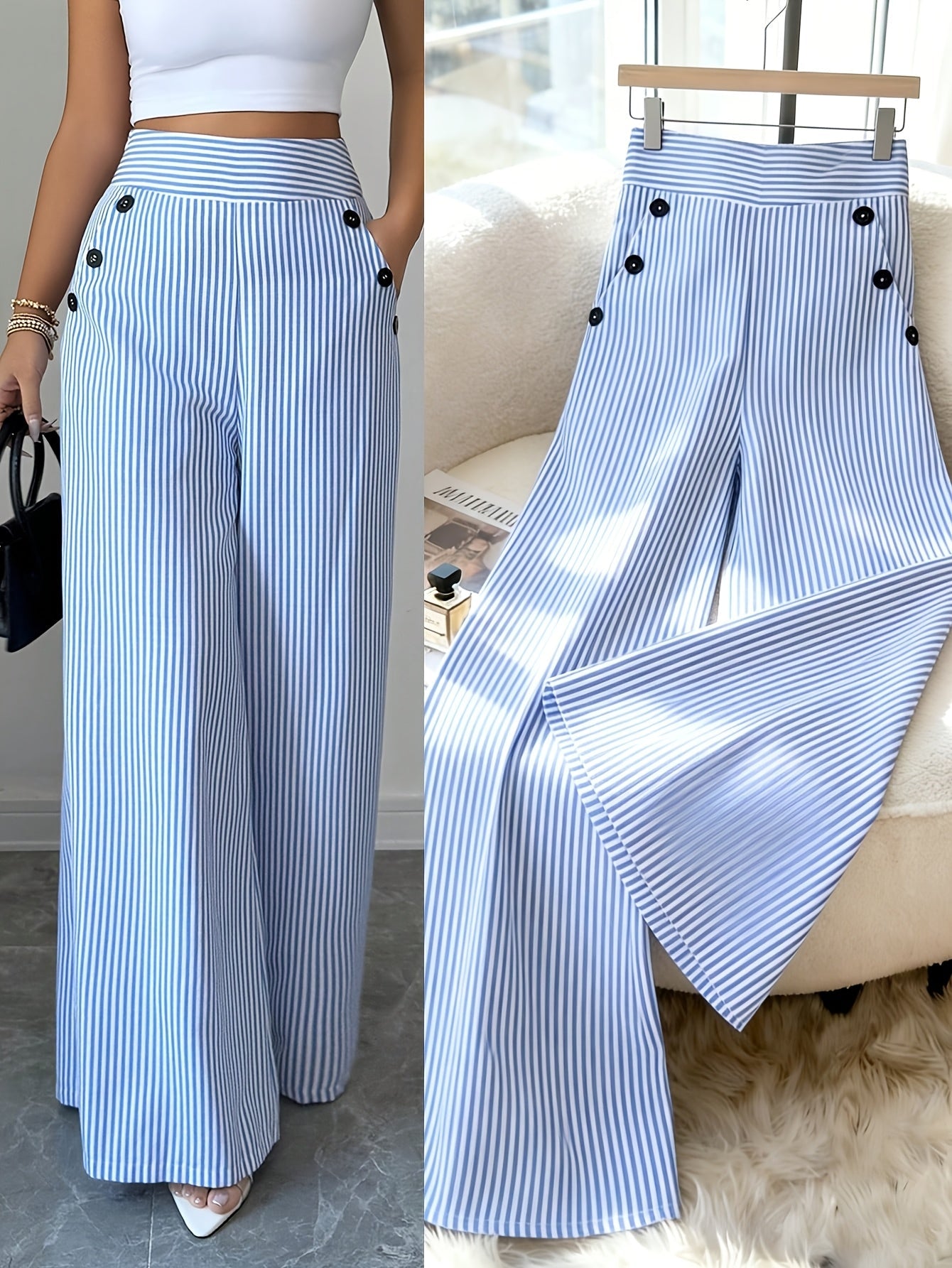 Damen Maritim-Style High-Waist Weitbein-Hose mit Streifen und Knopfdetails