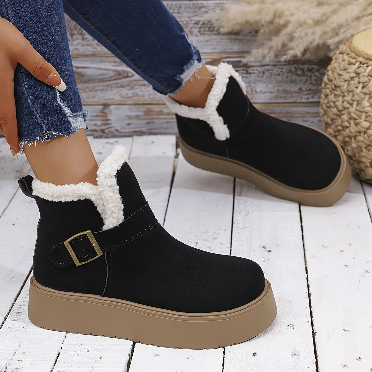 Damen Plateaustiefelette mit weichem Futter, Schnalle & dicker Sohle Schwarz