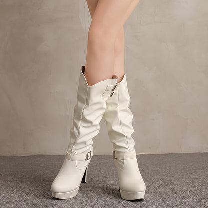 Damen Plateau Stiefel Weiß Kniehoch mit Blockabsatz Schnallen