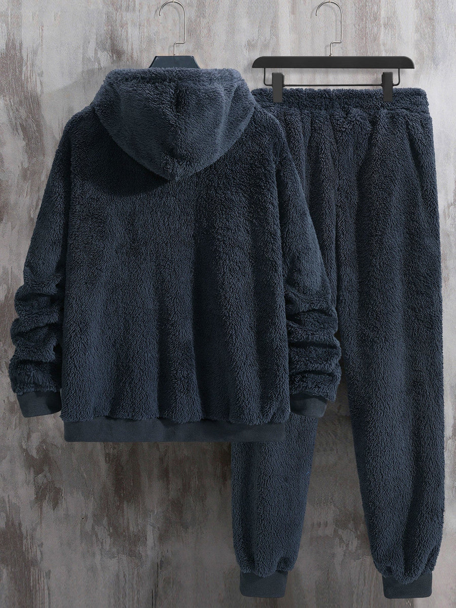 Unisex Teddy-Fleece Hausanzug mit Kapuze und Hose - Kuscheliger Hoodie-Jogginganzug