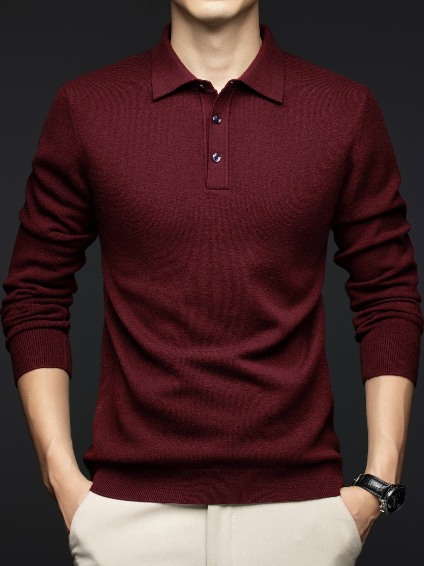 Herren Langarm Polohemd Strickpullover mit Knopfleiste