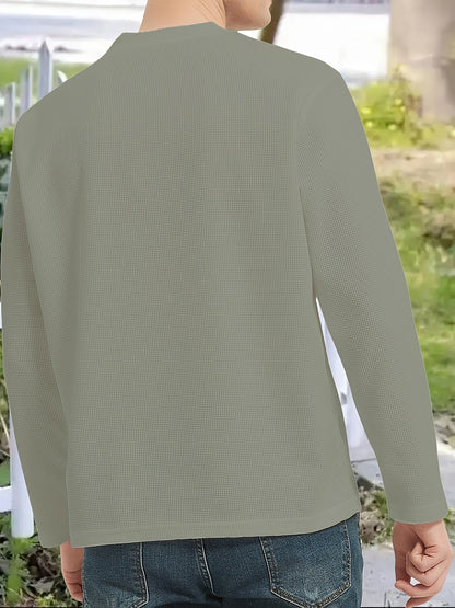 Herren Langarmshirt Henley Kragen Rippstruktur V-Ausschnitt Freizeit Business