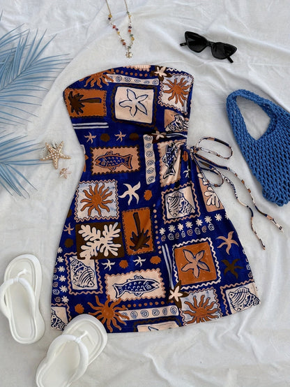 Damen Bandeau Minikleid mit tropischem Print und seitlicher Schleife – Strand- und Urlaubsoutfit