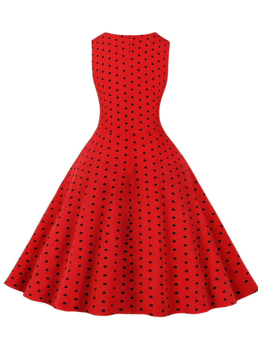 Damen Vintage Rockabilly Polka Dots Kleid mit Schleifen-Gürtel, Elegant, Ärmelos, Festlich & Alltag
