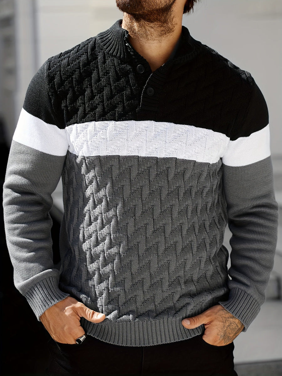 Herren Strickpullover mit Stehkragen und Knopfleiste, Farbblock Design