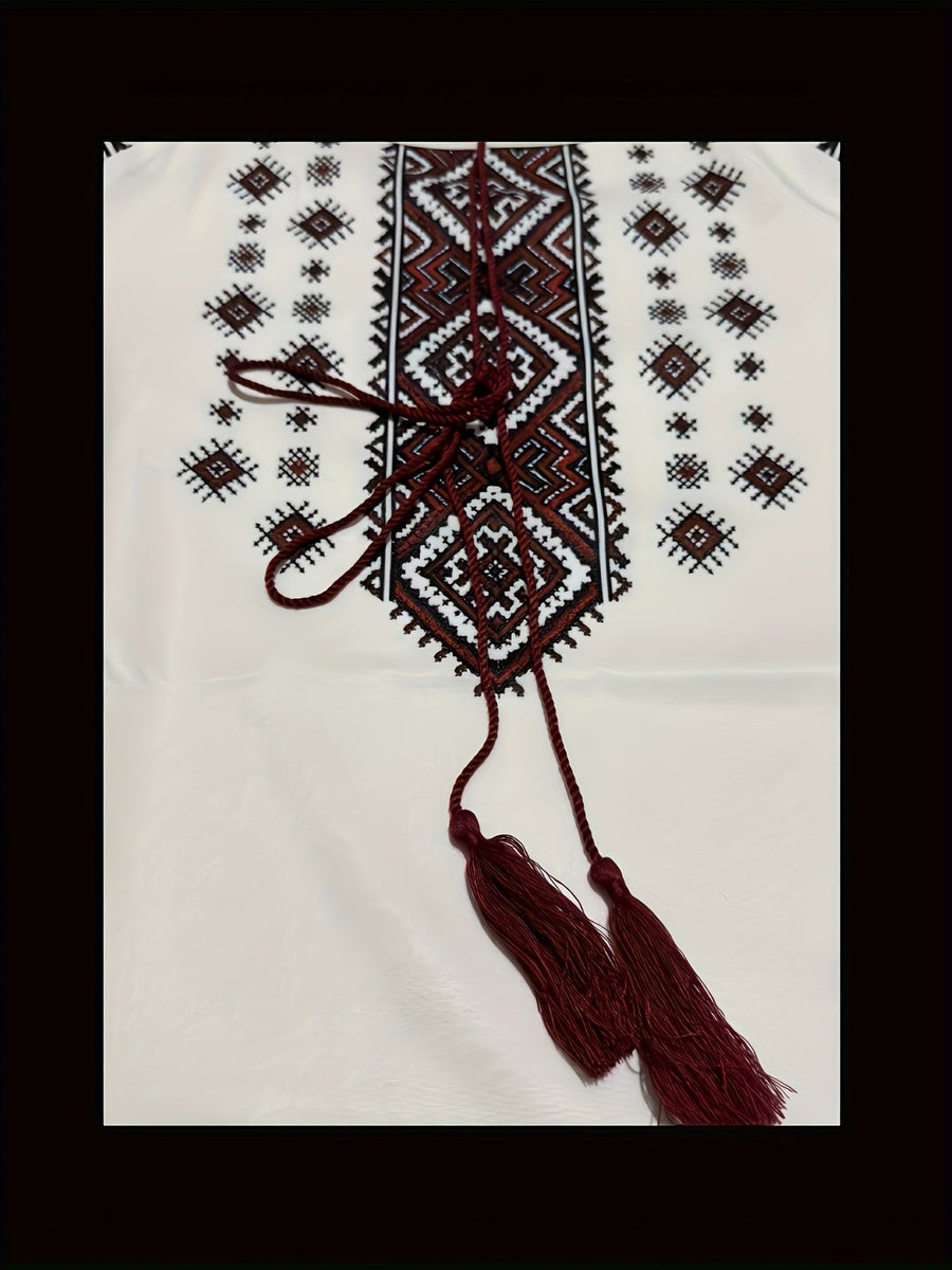 Damen Bluse mit runden Ausschnitt und rot-brauner Stickerei