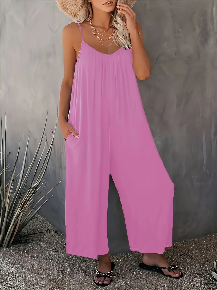 Damen Weite Casual Jumpsuit mit Spaghettiträgern – Luftiger Einteiler für Freizeit & Urlaub