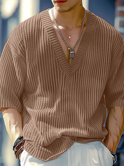 Herren Strickpullover V-Ausschnitt Kurzarm Loose Fit Gerippt