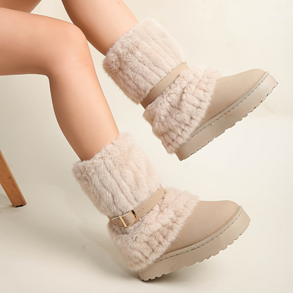 Damen Winterstiefel mit Kunstfell und Schnalle, gefüttert, in Beige, Braun und Schwarz
