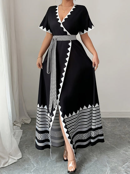Damen Maxikleid mit grafischem Muster und Taillengürtel – Eleganter Boho-Stil für besondere Anlässe