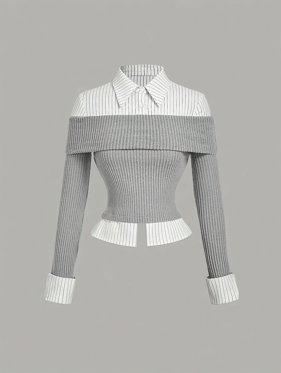 Damen Off-Shoulder Stricktop mit Hemdblusen-Details, gestreift, Grau-Weiß