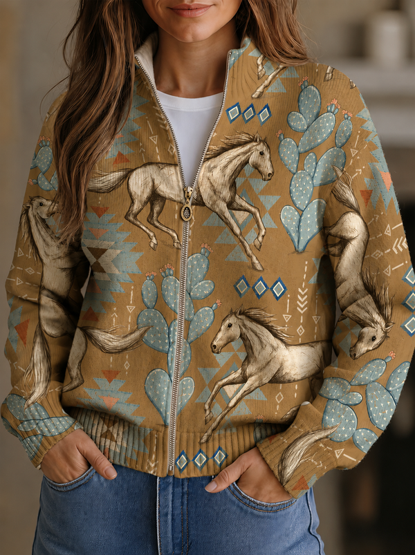 Dames bomberjack met paarden- & cactusprint, rits