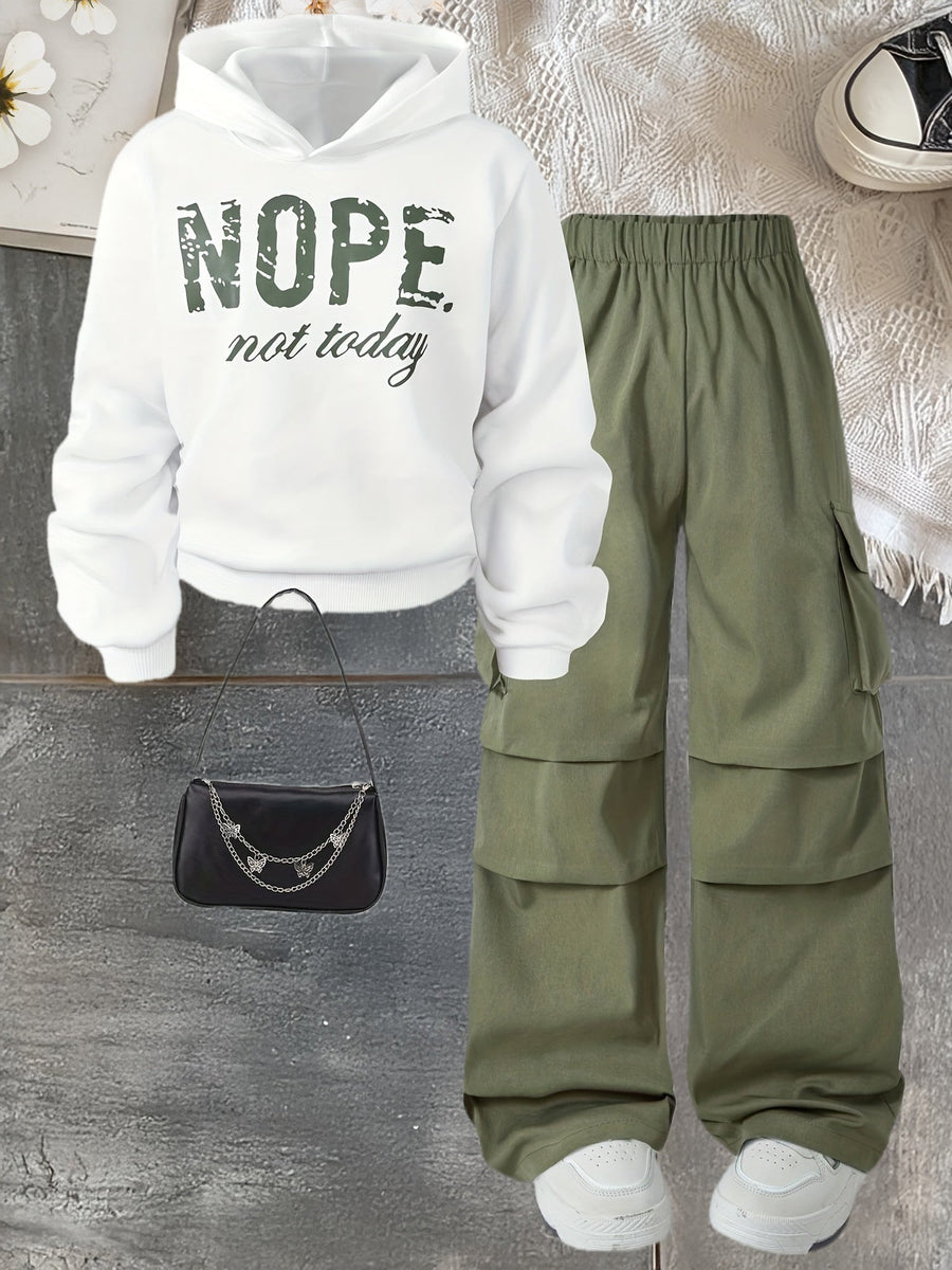 Damen Hoodie & Cargo-Hosen Set mit Aufdruck Weiß Grün