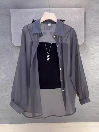 Damen Elegantes Zweiteiler-Set mit Transparenter Bluse und Bandeau Top – Modisches Layering für Alltag und Ausgehen