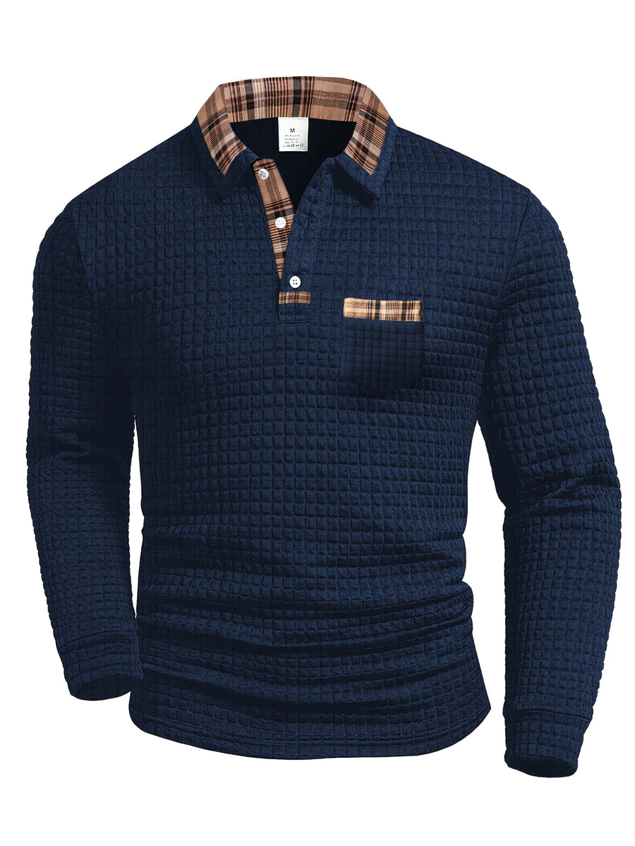 Herren Langarm-Poloshirt Waffelstruktur mit kariertem Kragen und Taschendetail
