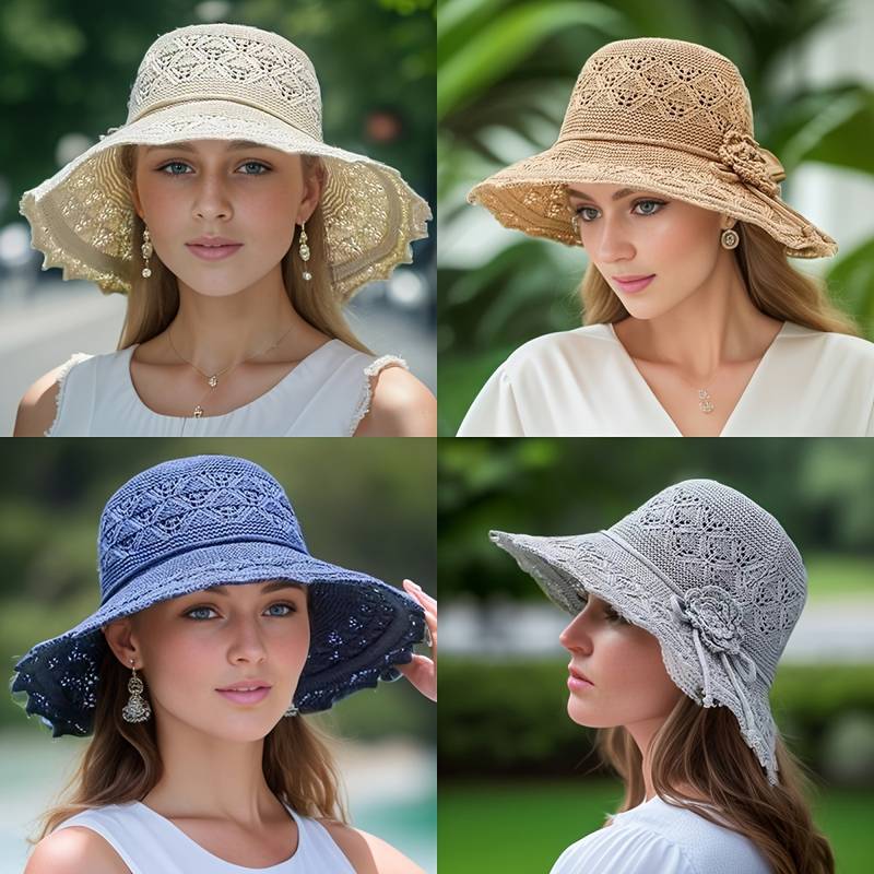 Damen Häkel-Sonnenhut mit breiter Krempe und floraler Applikation