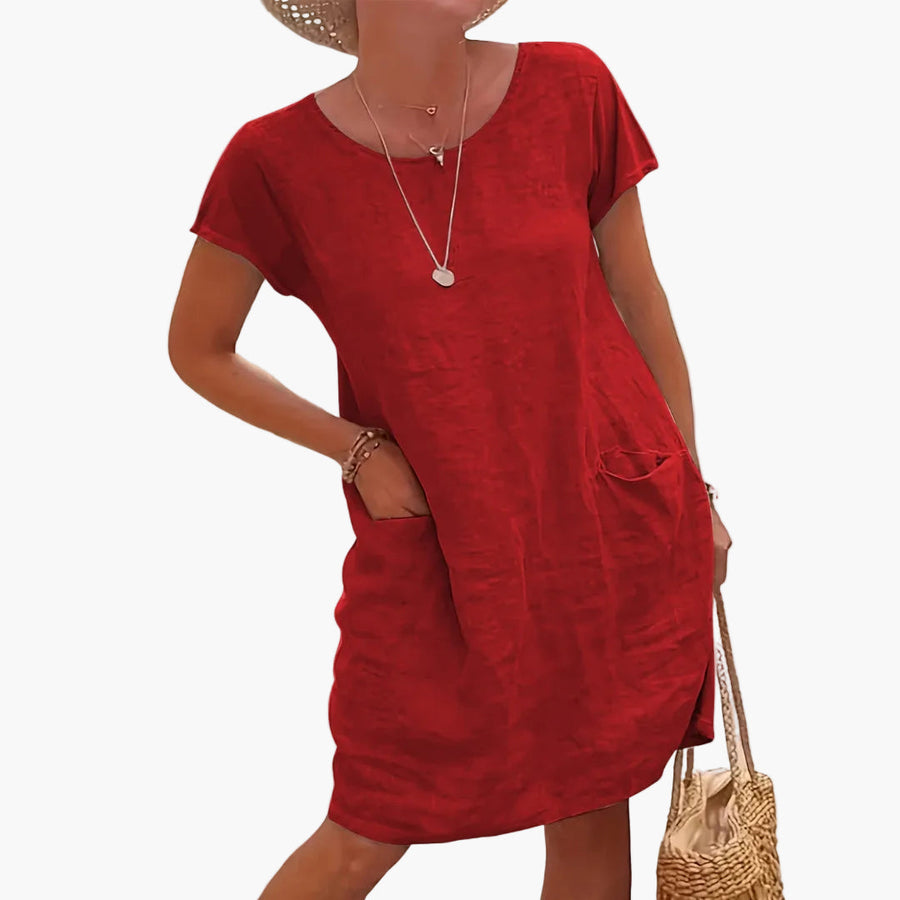 Damen Veganes Leinen Sommerkleid mit kurzen Ärmeln und Taschen – Lässiges Freizeitkleid für Urlaub und Alltag