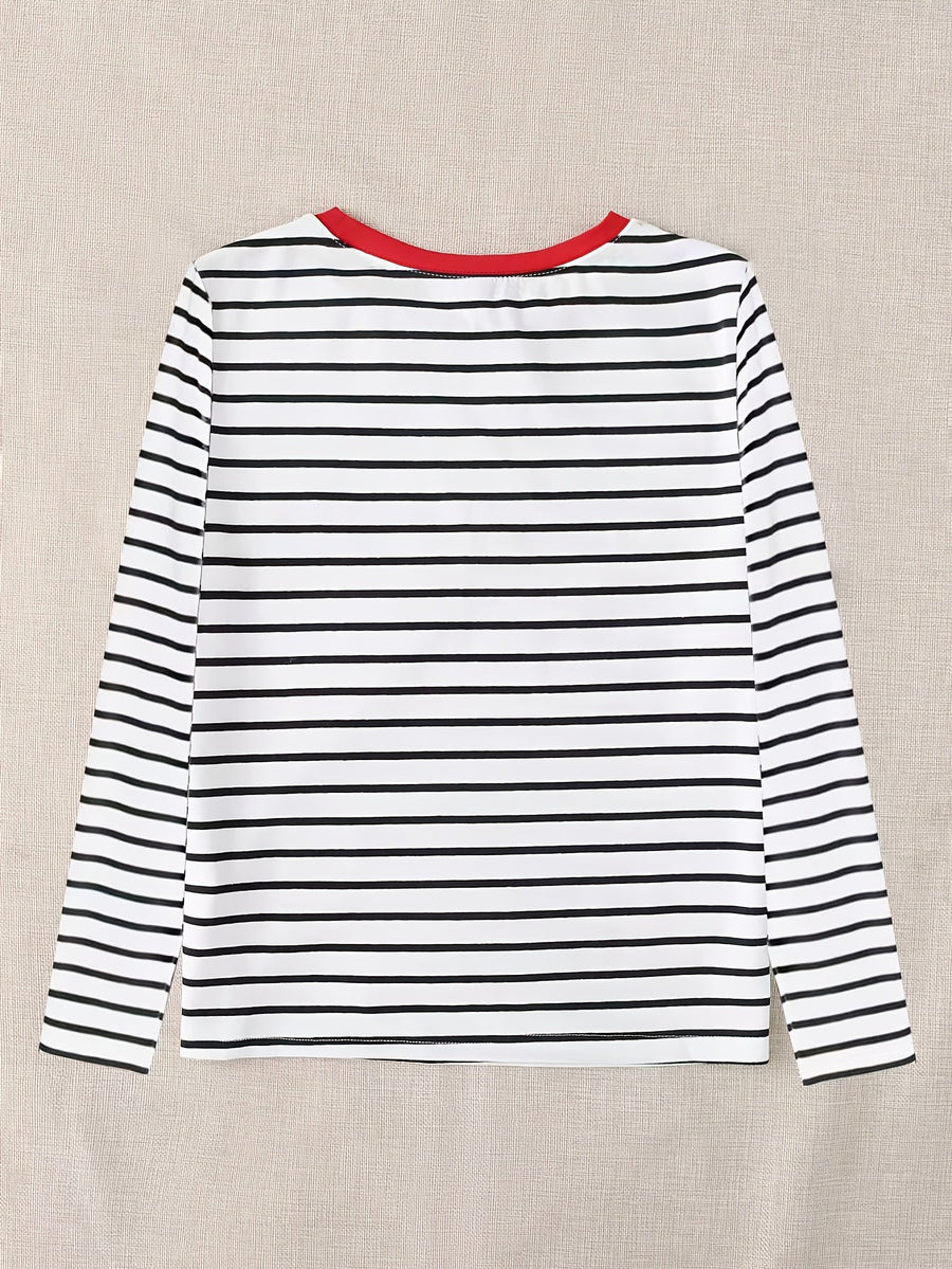 Langarmshirt Damen gestreift mit rotem Herz-Patch Schwarz Weiß