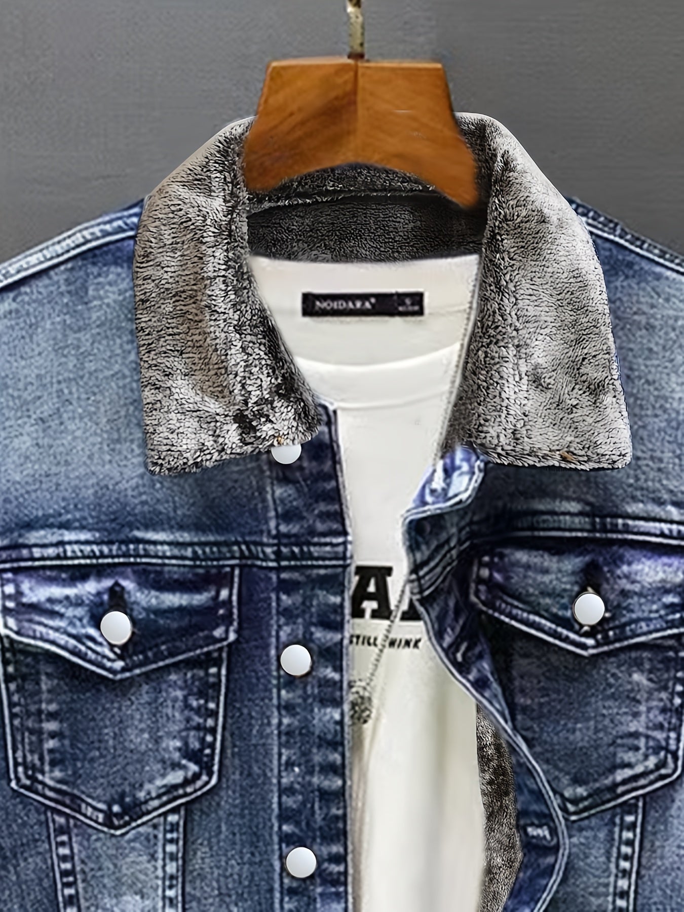 Jeansjacke Herren gefüttert mit Fellkragen Hellblau Winterjacke Baumwoll-Mix