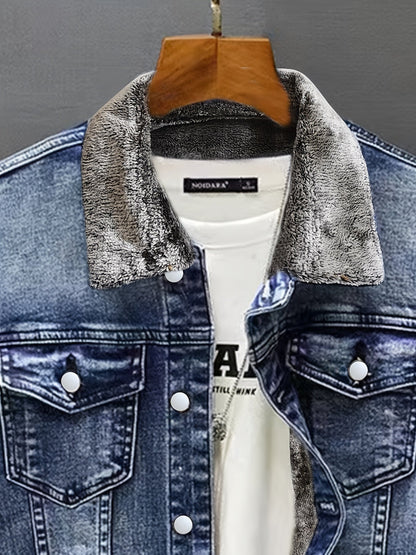 Jeansjacke Herren gefüttert mit Fellkragen Hellblau Winterjacke Baumwoll-Mix