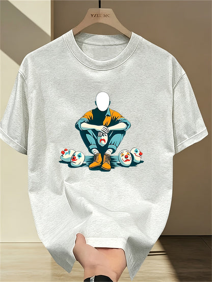 Herren T-Shirt mit künstlerischem Print – Abstrakte Figur und Clownsmasken, Modernes Streetwear Design