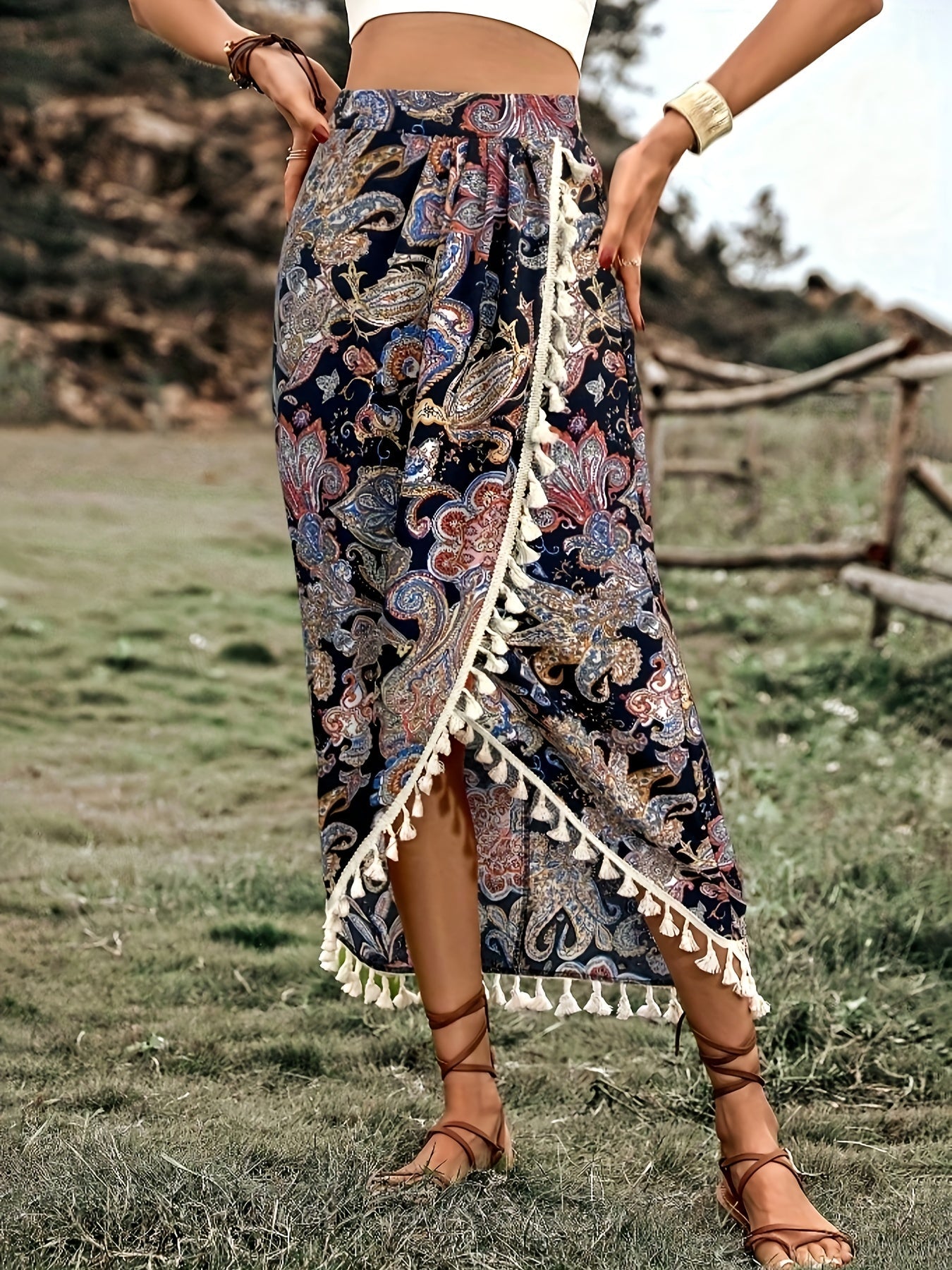 Damen Midirock Boho Wickelstil mit Paisley-Muster und Quasten für Freizeit und Festivals