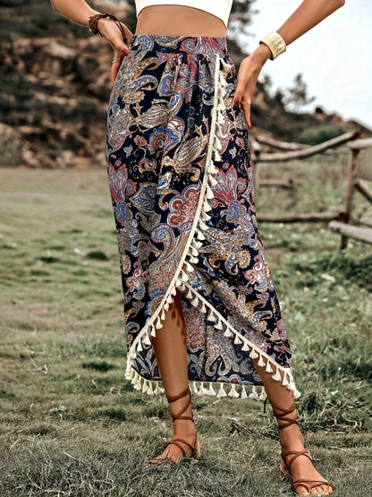 Damen Midirock Boho Wickelstil mit Paisley-Muster und Quasten für Freizeit und Festivals
