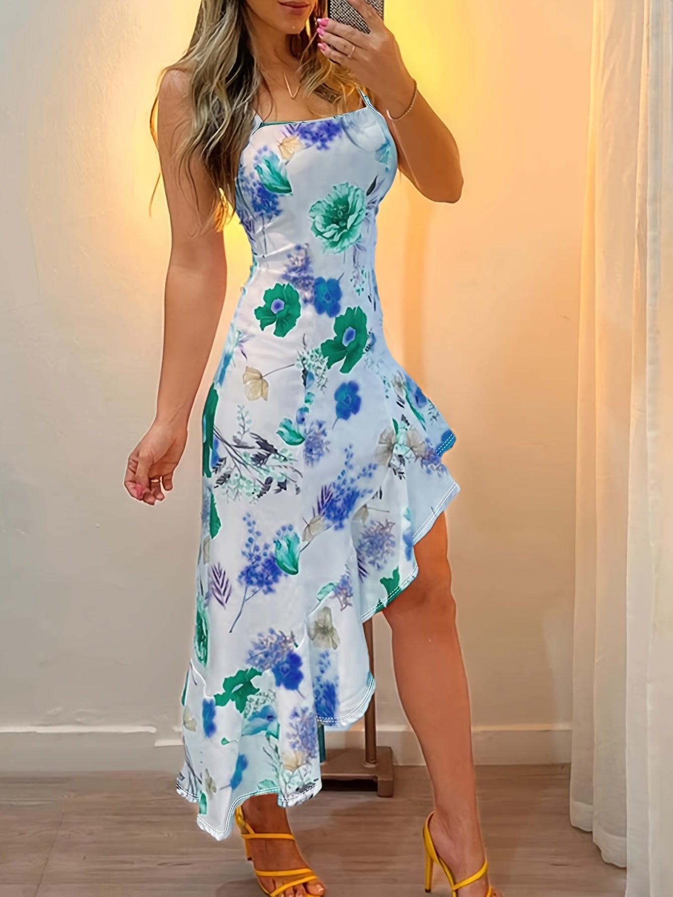 Damen Asymmetrisches Midi-Kleid mit Blumenmuster und Rüschen – Eleganter Look für Feste & Feiern
