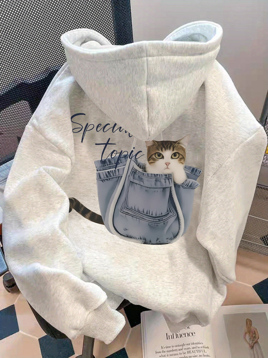 Kapuzenpullover Hellgrau mit Katze und Taschendruck