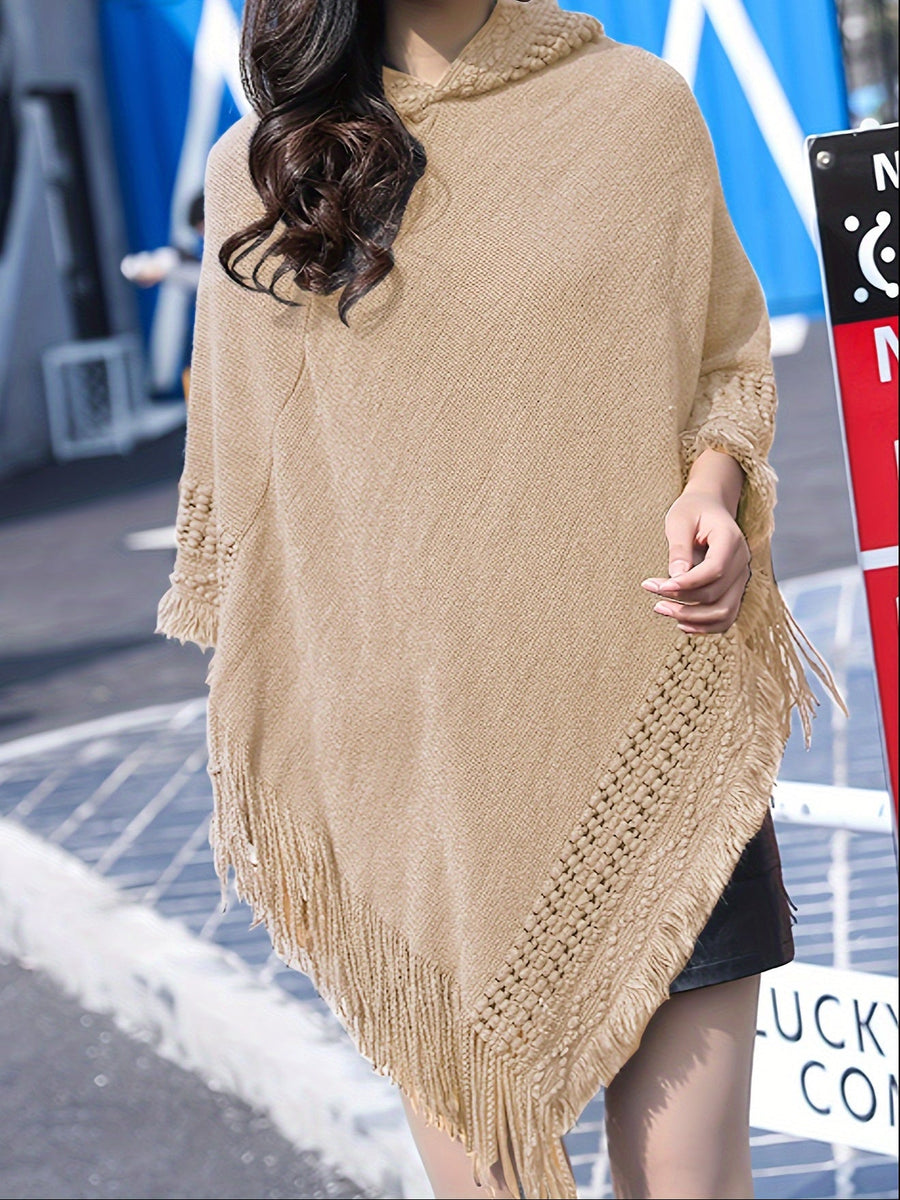 Damen Poncho mit Kapuze, gestrickt, mit Fransen – Einheitsgröße