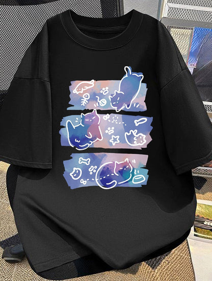 Damen Oversize T-Shirt mit künstlerischem Katzen-Print – Verspieltes Design für Katzenliebhaberinnen