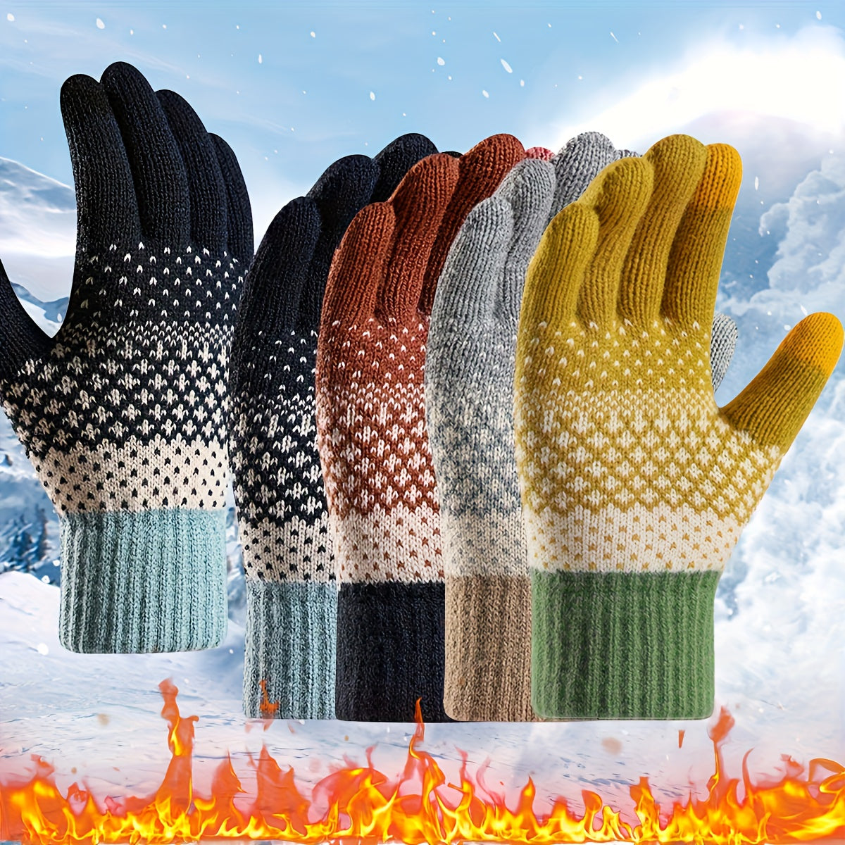 Winter Strickhandschuhe mit Muster in Gelb Weiß Grün Warme Touchscreen-Handschuhe für Damen & Herren