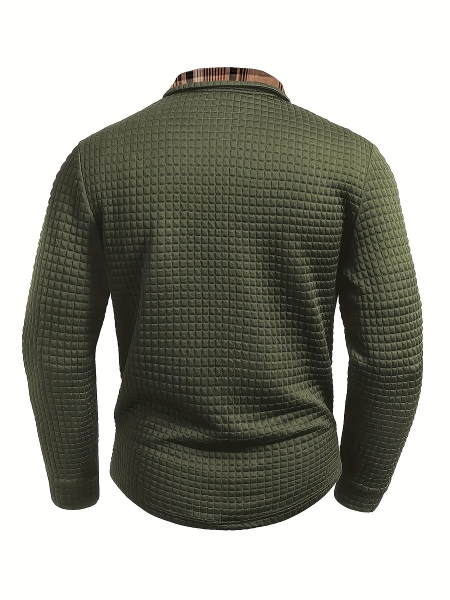 Herren Langarm-Poloshirt Waffelstruktur mit kariertem Kragen und Taschendetail