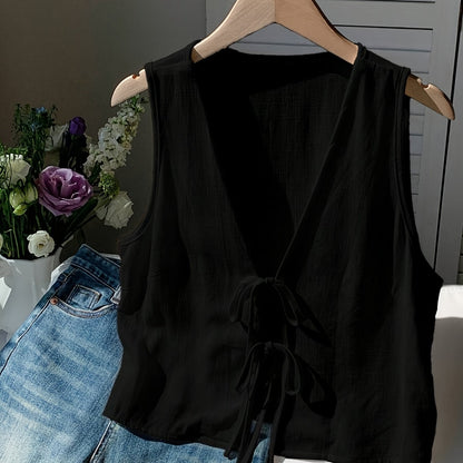Damen ärmellose Weste mit Schleifen-Detail und V-Ausschnitt – Modische Layering-Weste für Freizeit und Alltag