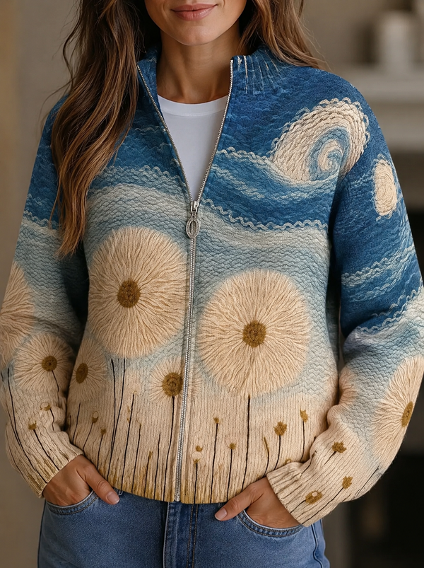 Damen Strickjacke mit Reißverschluss und floralem Muster
