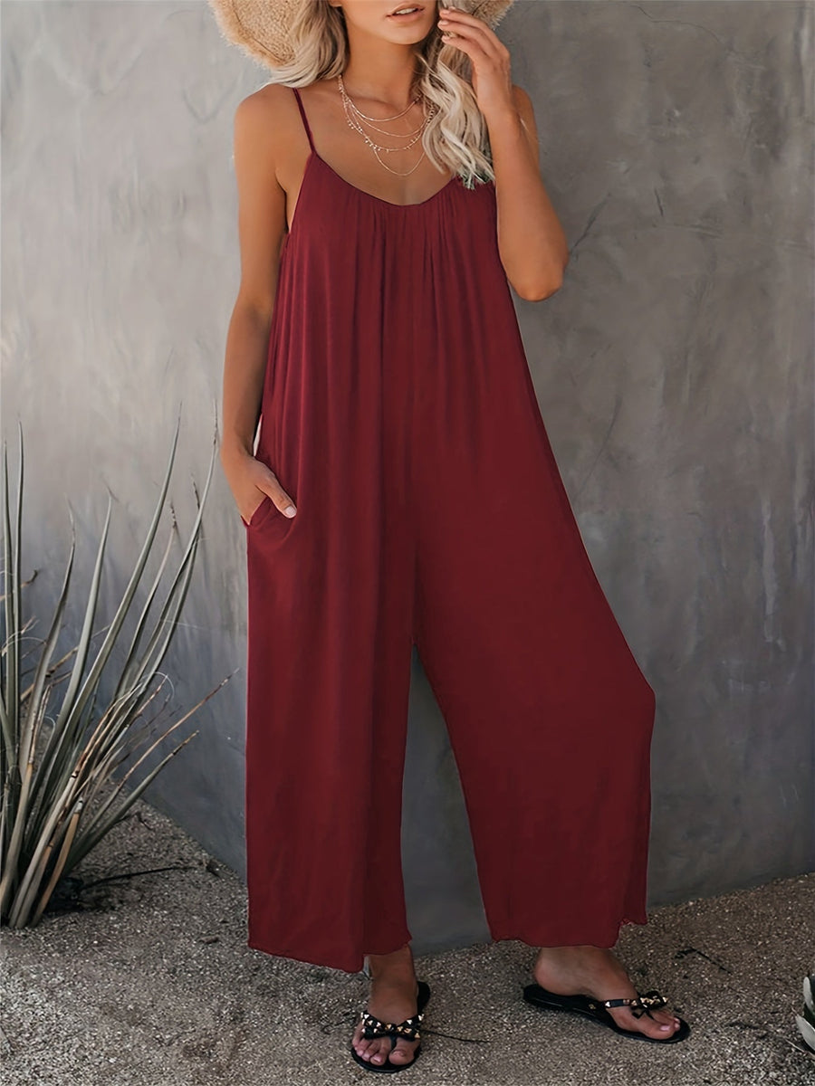 Damen Weite Casual Jumpsuit mit Spaghettiträgern – Luftiger Einteiler für Freizeit & Urlaub