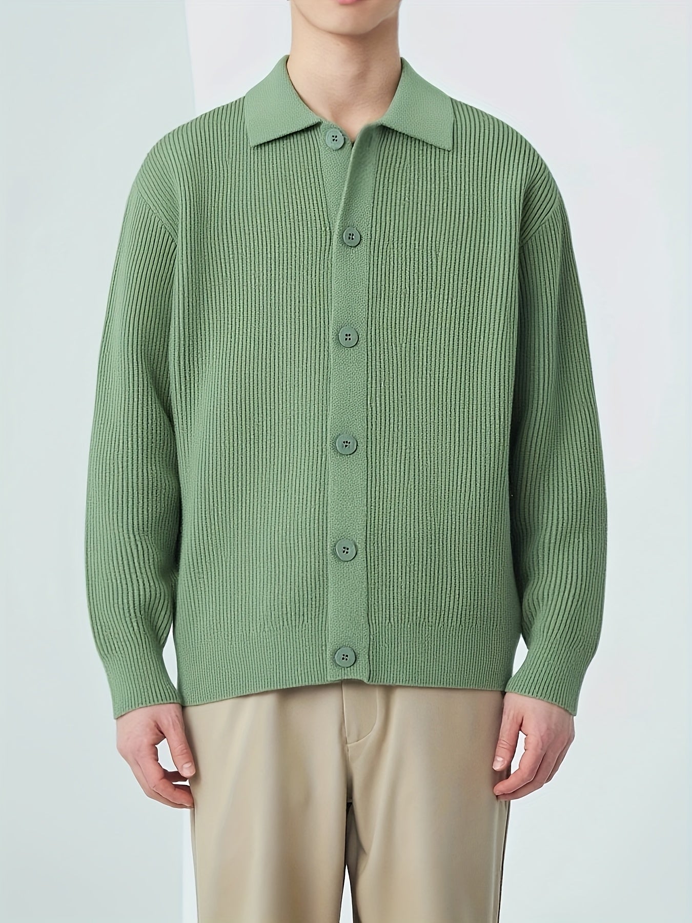 Gerippte Strickjacke für Herren mit Knopfleiste, Polo-Kragen, Langarm